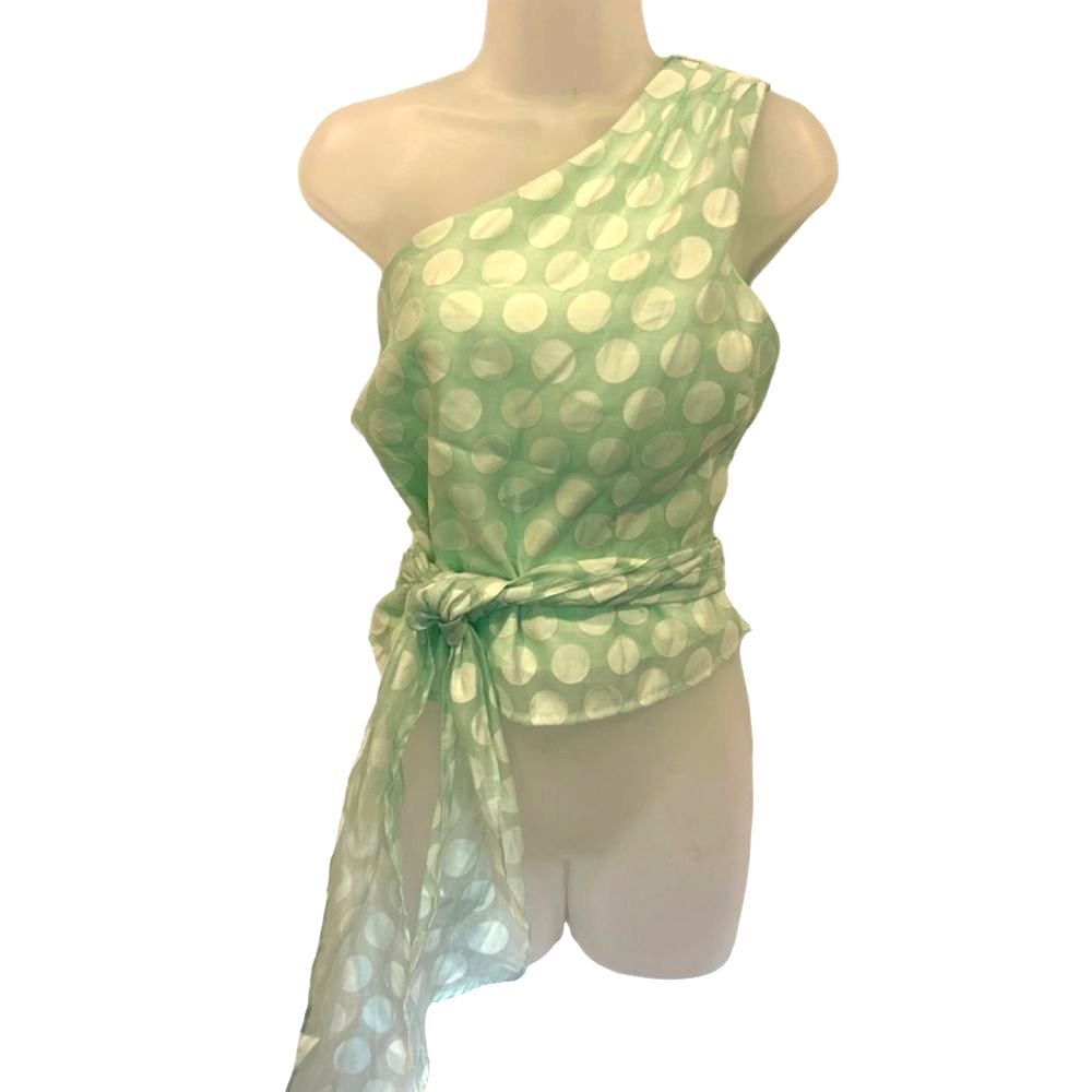 Do+Be mint green & white polka dot one shoulder crop with wrap at waist NWT